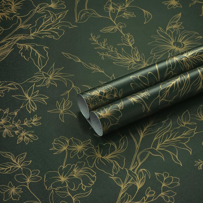 Gold and Green Floral Wallpaper Peel and Stick Wallpaper Bedroom 17.3''x78.'' Self Adhesive Removable Wall Paper Waterproof