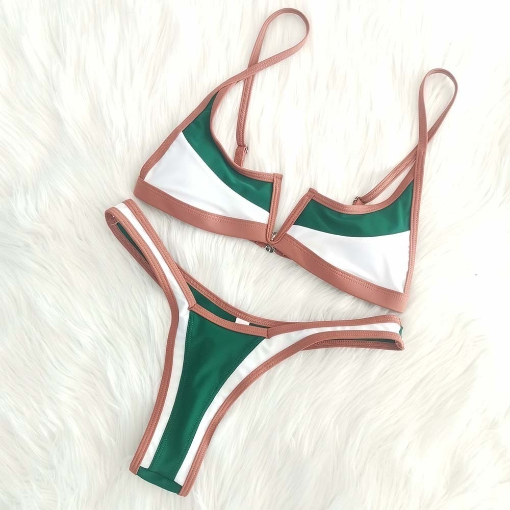 XS-XL v-bar Sexy Bikini string maillot de bain brésilien femmes Colorblock Vintage maillot de bain été Micro bleu vert maillot de bain Biquini