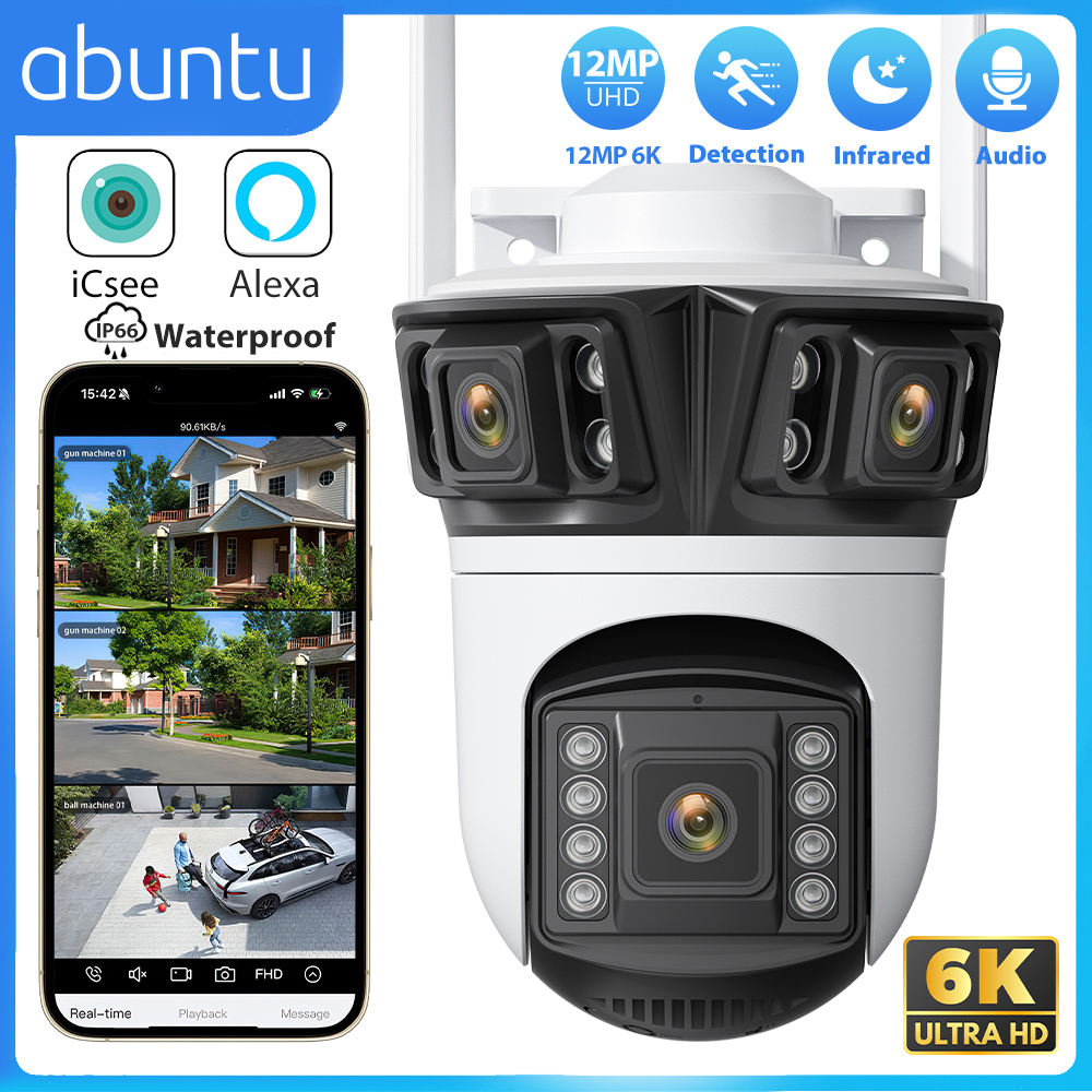 12MP 6K Wifi Camera Three Screens ICsee Surveillance Camera Outdoor Night Vison Ultra Wide View Angle Panoramic Security Camera