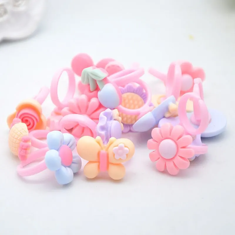 36PC 아이 귀여운 반지 수지 만화 보석 꽃 모양 조정 가능한 반지 세트 창조적 인 액세서리 소녀 선물