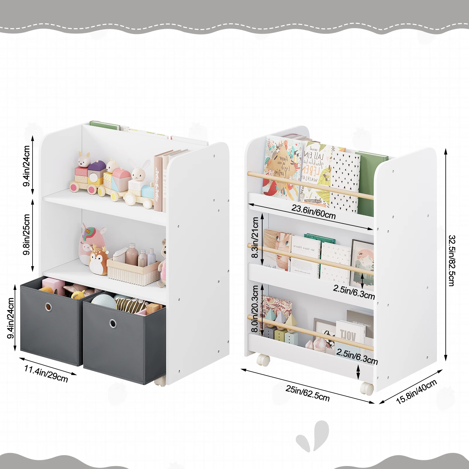WOLTU 1 set libreria mobile per bambini con ruote libreria multiuso con scatole libreria portaoggetti su 2 lati per la scuola materna