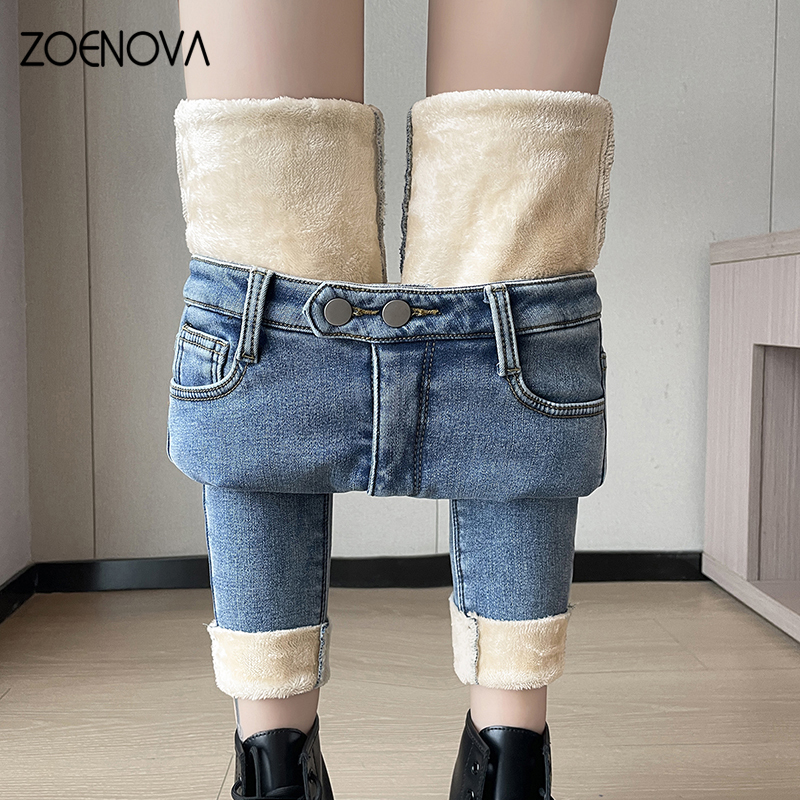 ZOENOVA 2024 冬厚いベルベットの女性のジーンズハイウエストスキニージーンズシンプルなフリース暖かいスリムストレッチカジュアルデニムペンシルパンツ