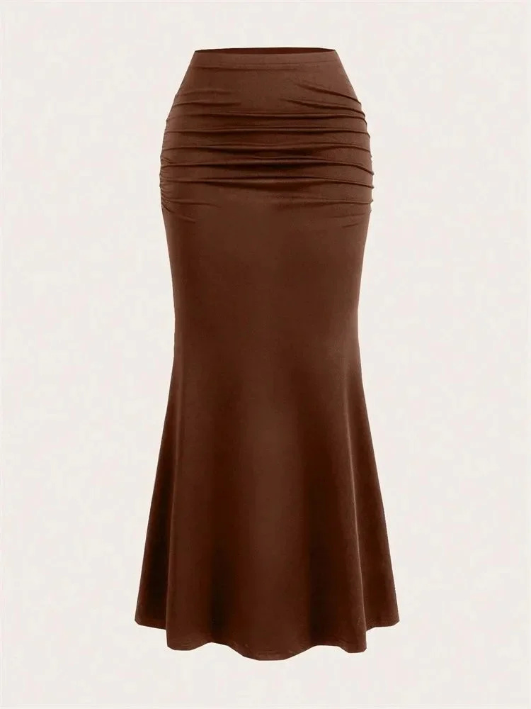 Solide Bodycon Geraffte Lange Rock Frauen Sexy Schwarz Elastische Elegante Hohe Taille Meerjungfrau Maxi Röcke Sommer Streetwear