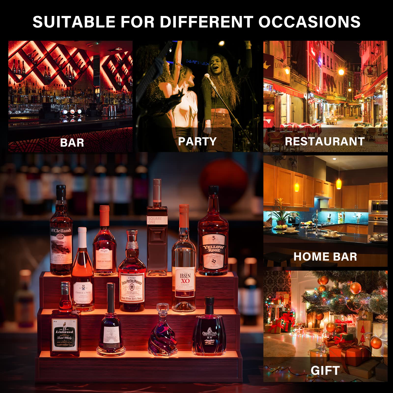 Cubehom LED Bottle Display Shelf, 3 Step Freestanding Bar Shelf with App & Remote Control, Illuminated Drinks Rack, Walnut