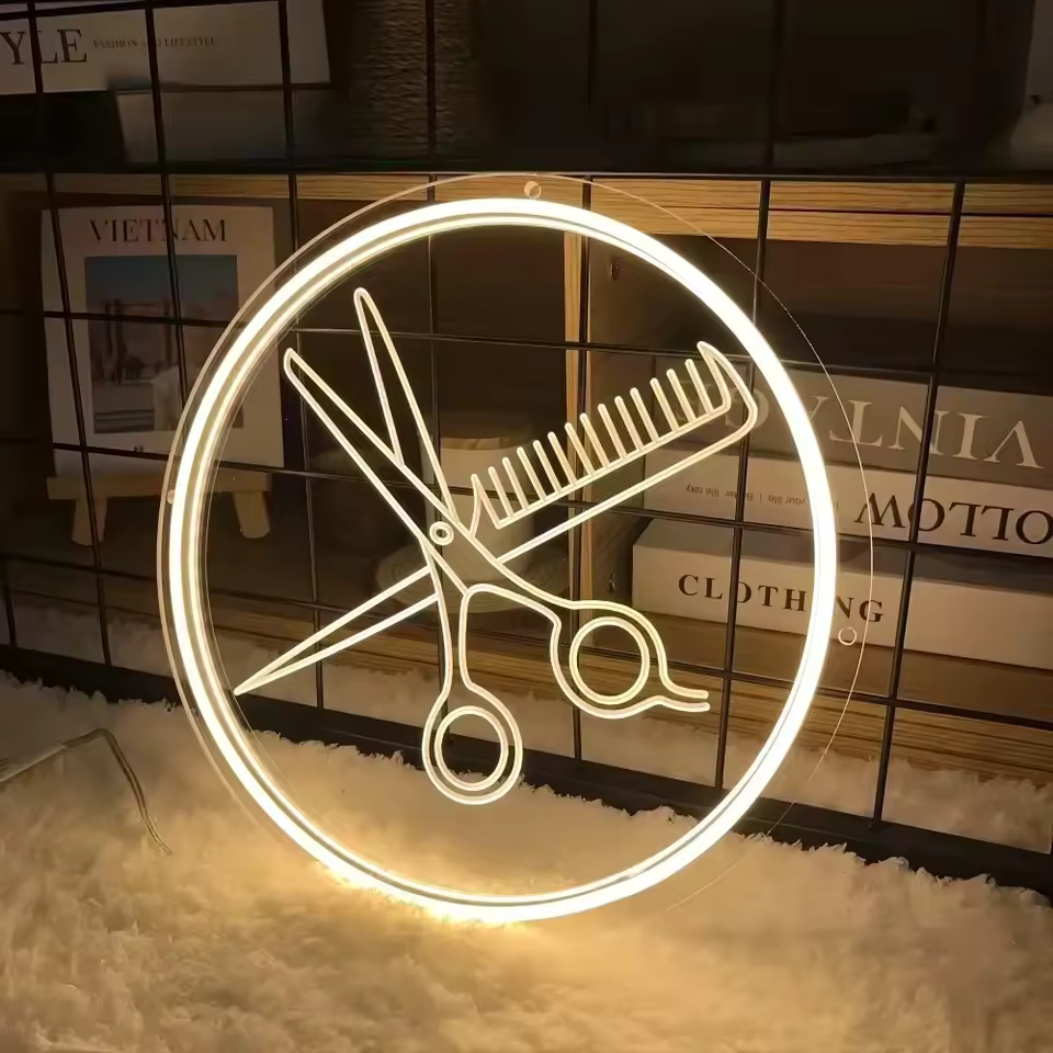 헤어 살롱 새겨진 네온 사인 빗 및 가위 이발소 장식 네온 램프 개인 벽 장식 조명에 대한 LED 네온 사인