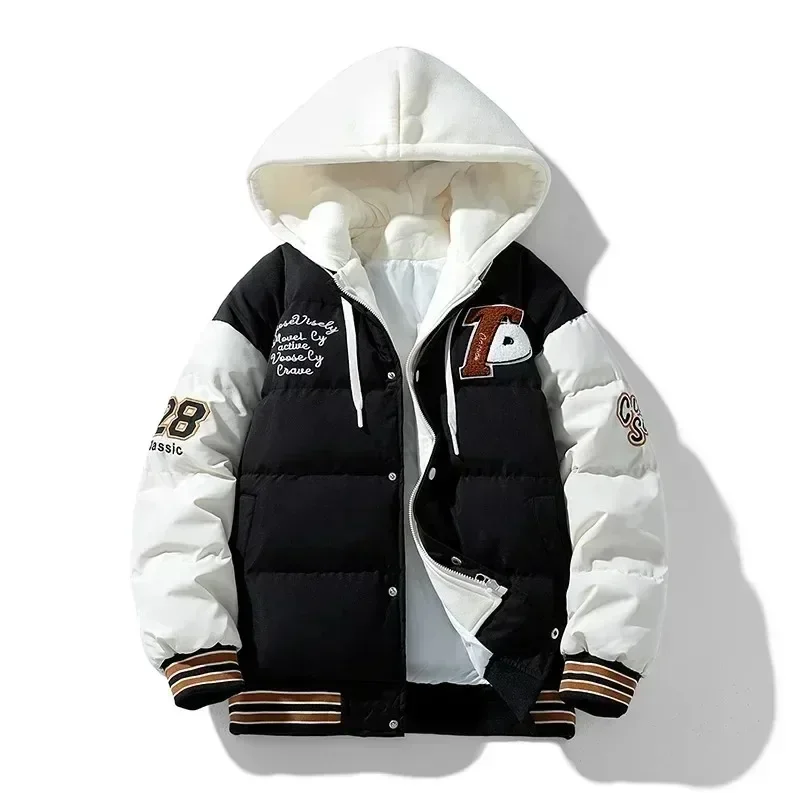 Nuevos abrigos de algodón para hombre, moda de invierno, abrigo de algodón grueso con capucha, chaqueta con estampado bordado holgado y cálido de dos piezas falso