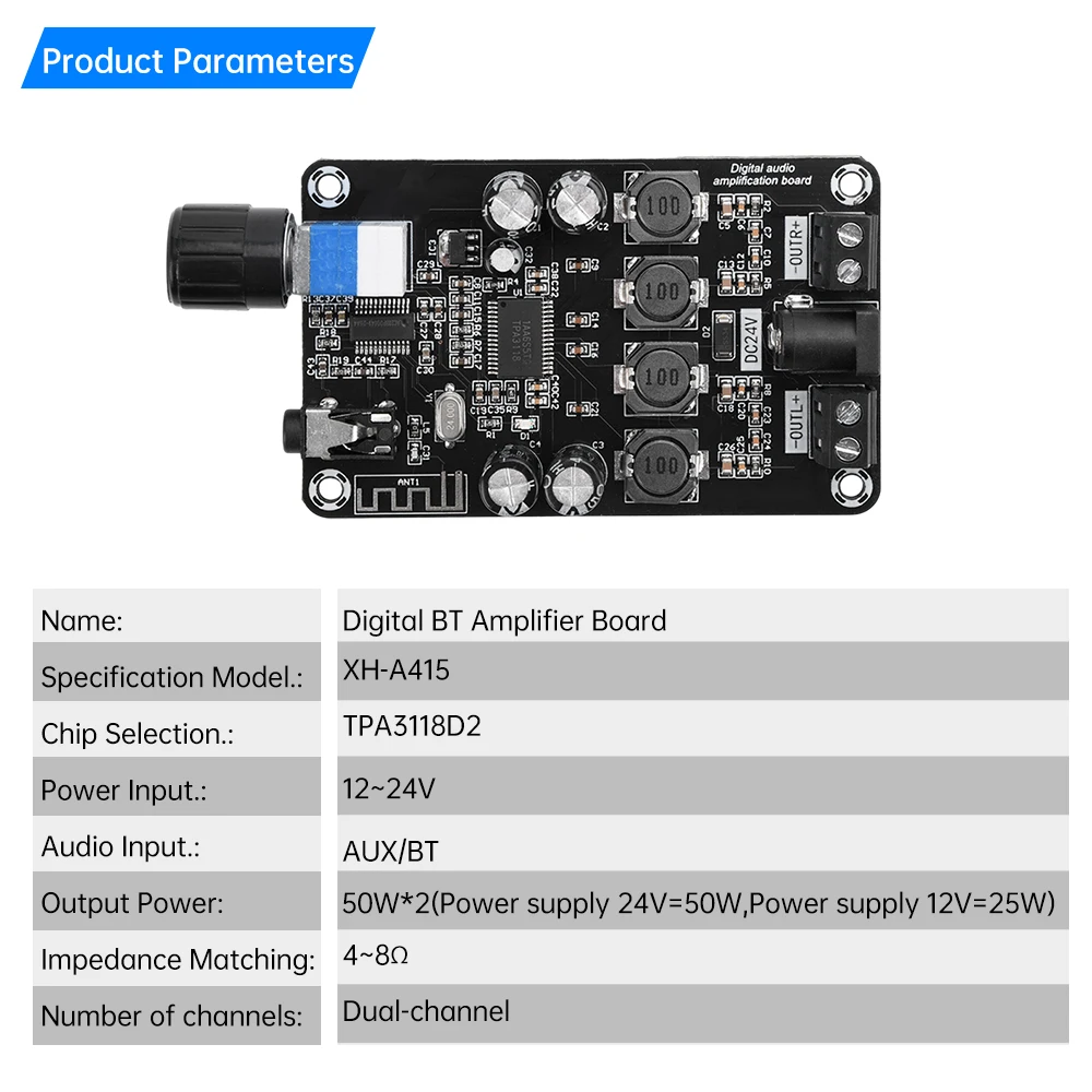 DC 12V~24V Class D Amplifier Module 50W*2 HiFi Stereo Bluetooth 5.0 Audio Amplifier Volume Adjustable with Protection Amplifiers