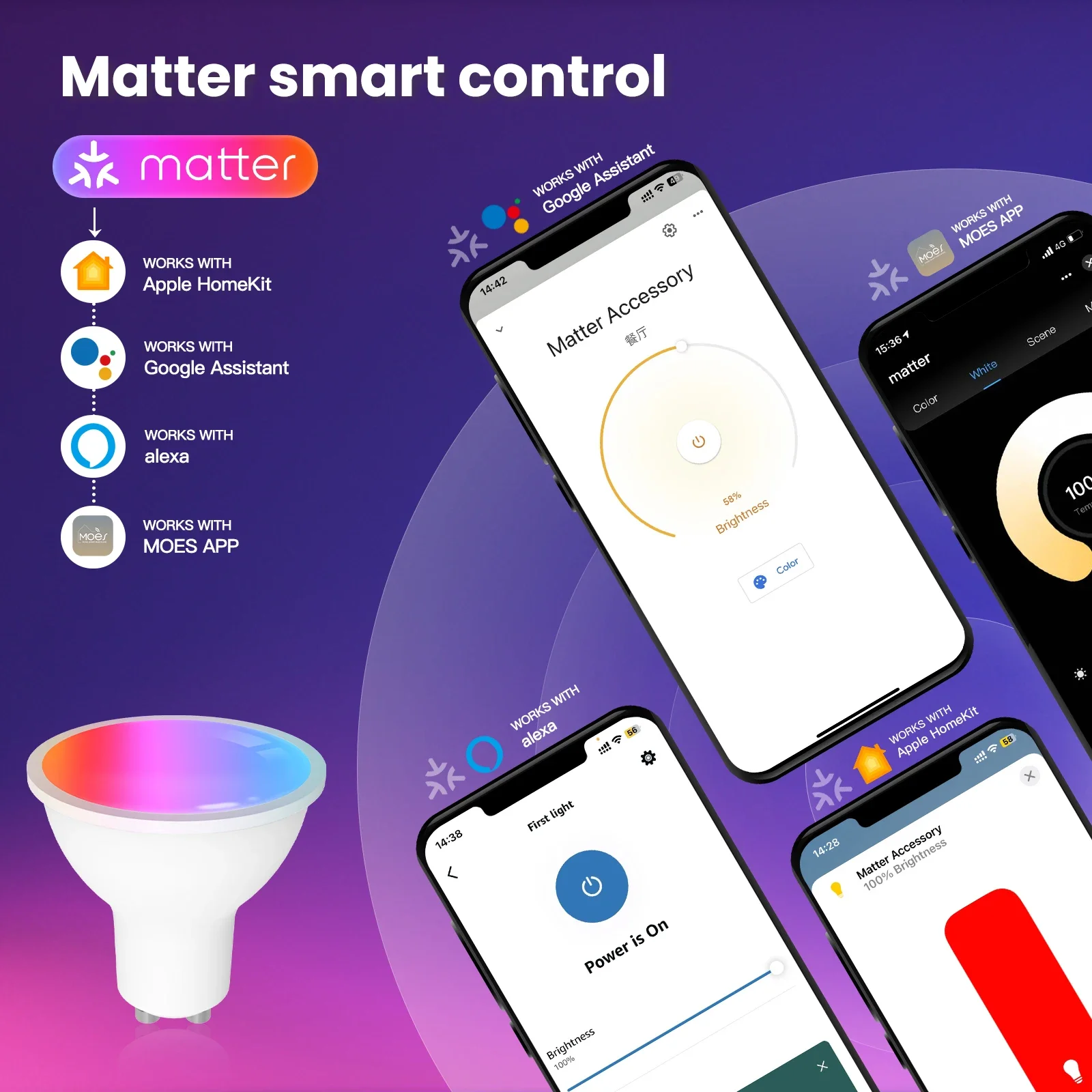 MOES Tuya Matter WiFi GU10 スマート電球調光可能な LED ライト 1600 万 RGB C+W カラーキャンドルランプ音声制御 Alexa Google ホーム