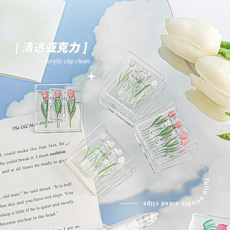 1Pc Tulips File Folder Cute Small Clip Transparent DIY Acrylic Simple Color Clip Student Stationery Supplies Kawaii