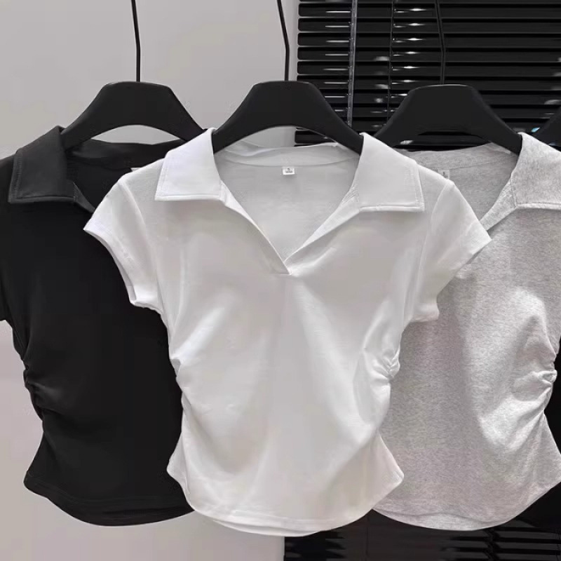 Cotton Summer Sexy Women's T Shirt Skinny Slim Basic Solid Crop Top Short Sleeve Polo TShirtCasual Top Tee for Women