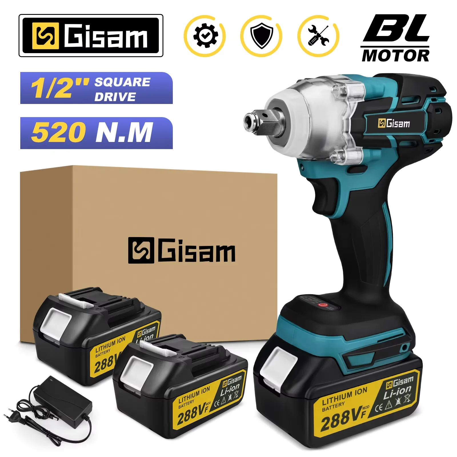 Gisam 520N.M Brushless Electric Impact Wrench Cordless Electric Wrench 1/2inch for Makita 18V Battery Pin Screwdriver Power Tool