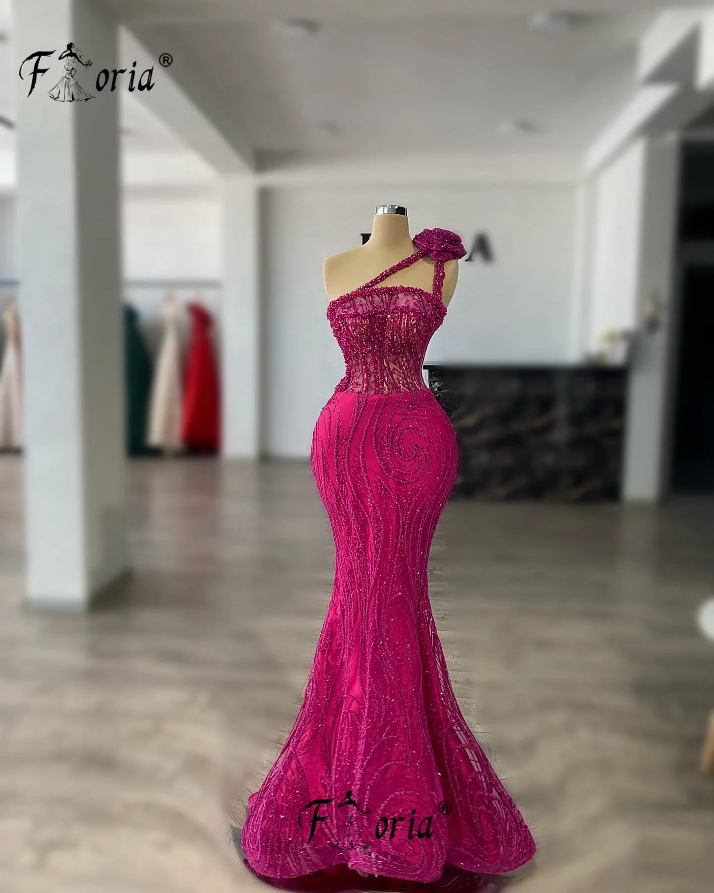 Hot Pink Perlen Meerjungfrau Maßgeschneidertes formelles Abendkleid Pailletten Spitze Korsett ärmelloses Cocktail-Abschlussball-Partykleid Elegantes-Kleid