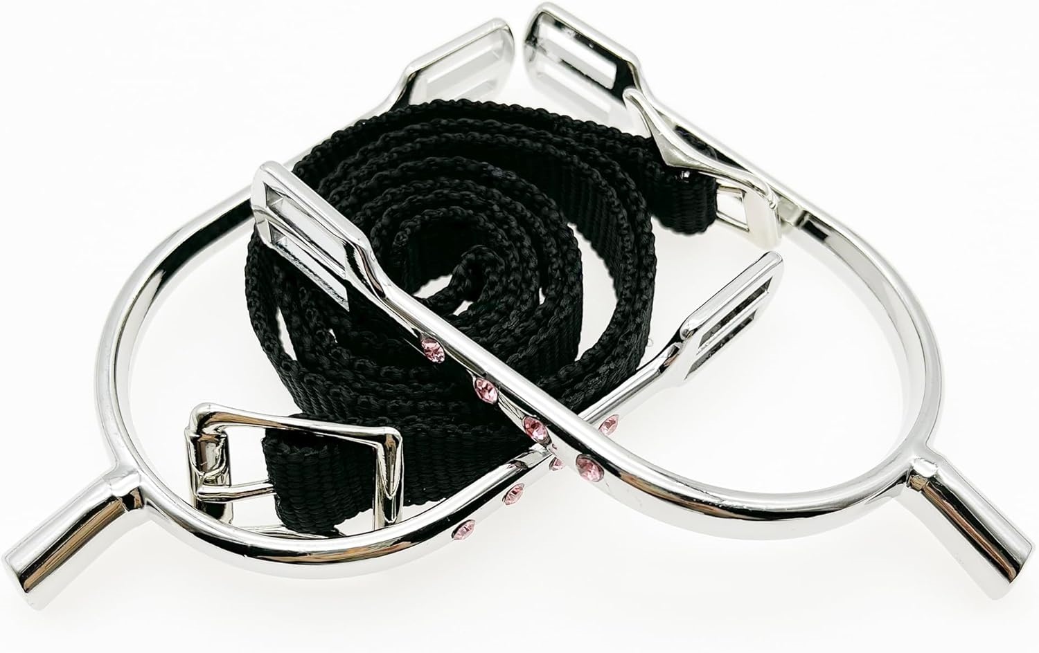 1 par de esporas inglesas com alças para mulheres, liga de zinco cromada, esporas equestres redondas com strass