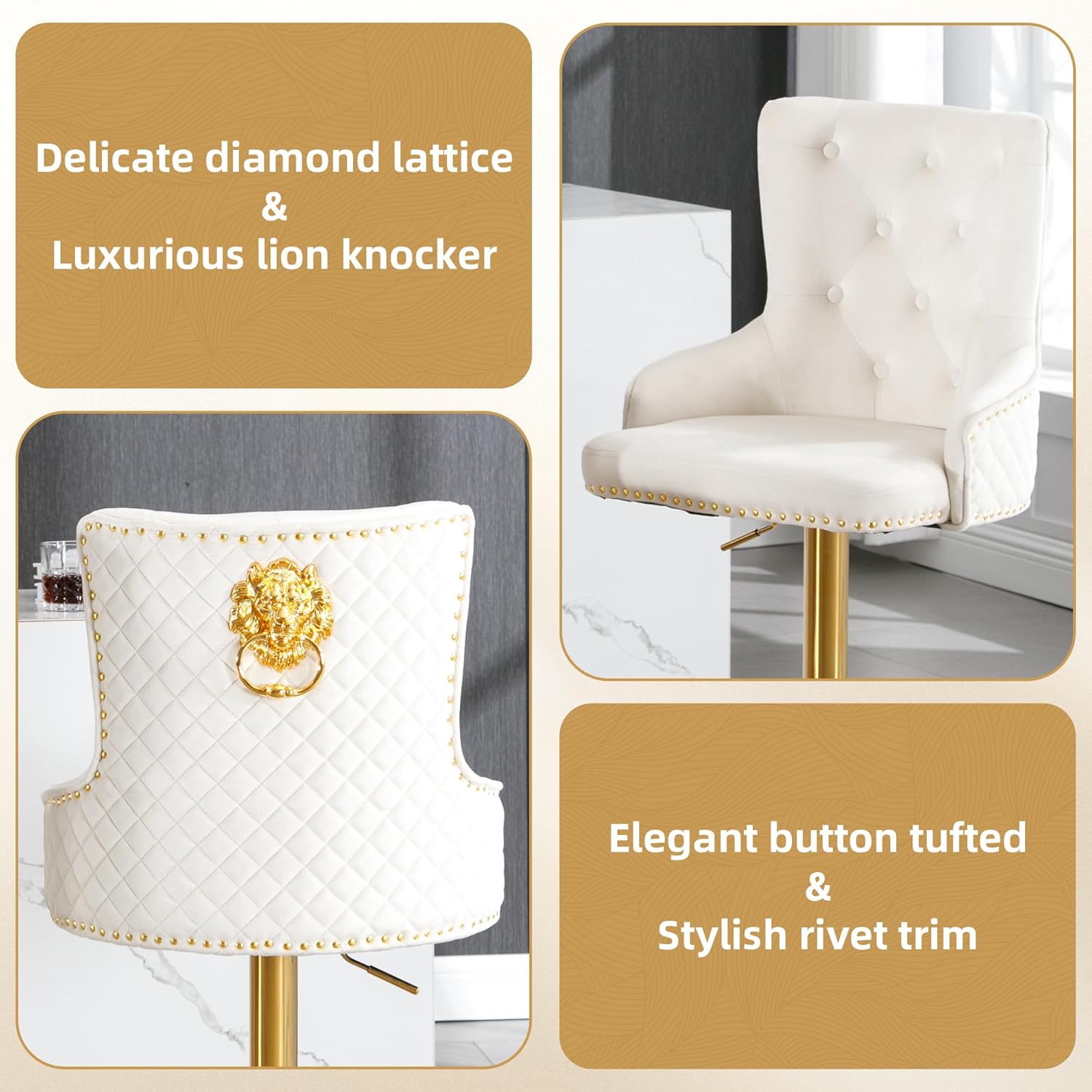 Bar Stool Set of 4 Golden Lion Pull Ring Swivel Chair for Kitchen Counter Nailhead Upholstered Barstools Height Adjustable