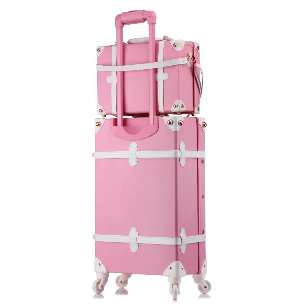 Conjunto de bagagem de couro PU para mulheres, cabine rosa com rodas, carrinho retrô, moda para meninas, 20 ", 24", 26"