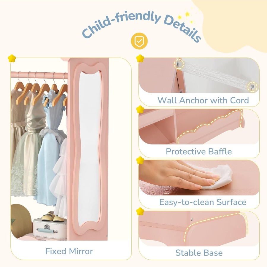 Pink Dollhouse Dress Up Storage with Full-Length Mirror and Motion Sensor Light Open Hanging Wardrobe Closet for Toddlers Costu