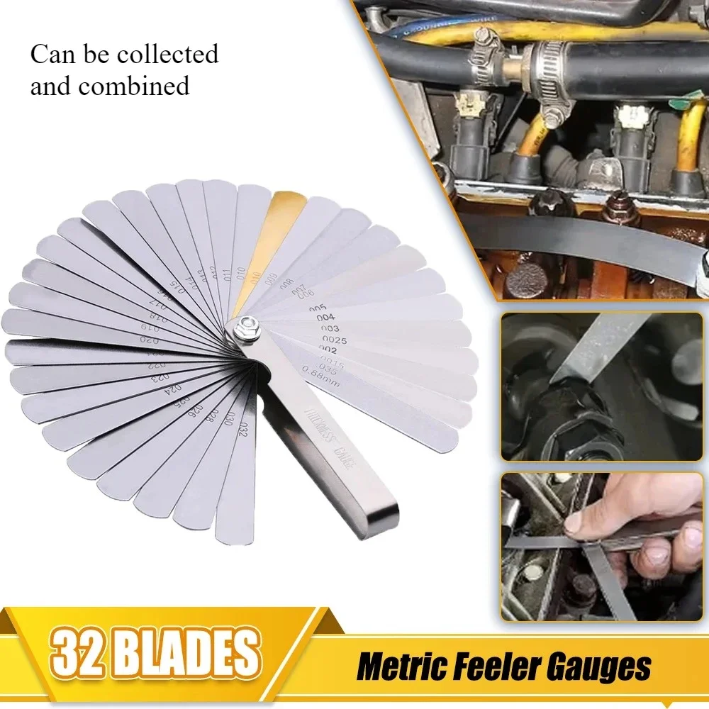 Steel Ruler Metric Thickness Feeler Gauge 32 Blades Set Tappet with Brass Gap Measure Tool Range Clearance Size Copper Sheet