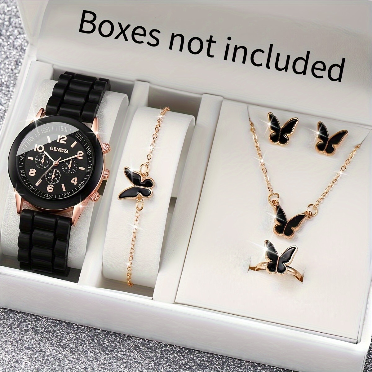 5/6PCS Dameshorloge Casual Siliconen Band Quartz Horloges Vlinder Sieraden Set (Zonder Doos)