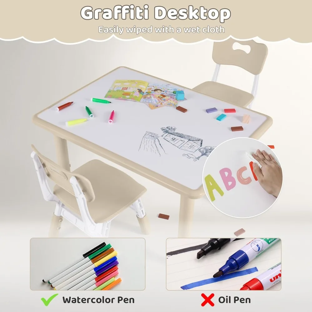 4 Chairs Set, Height Adjustable (17.7-26.1) Toddler Table and Chair Set, Multi-Activity Table with Graffiti Desk
