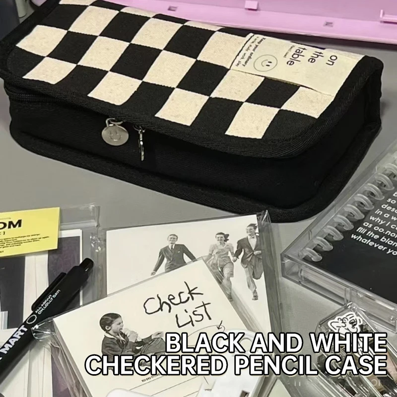 Simples preto e branco lápis caso xadrez saco de lápis kawaii papelaria saco de armazenamento para crianças meninas de volta às aulas material presente