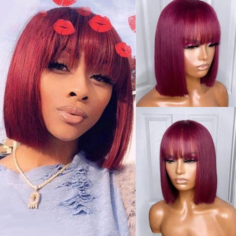 99J Màu Ngắn 180D Thẳng Brasil Tóc Bob Tóc Giả Với Nổ Remy Full Máy Làm Cho Nữ Hightlight Burgundy