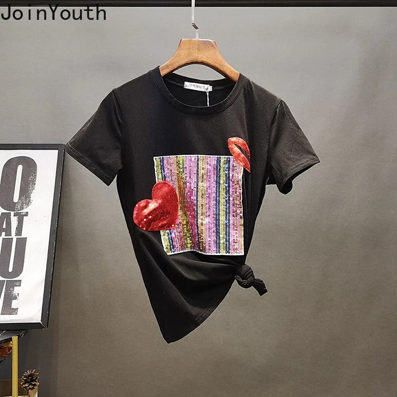 Joinyouth 2023 ファッションセットシックなスパンコール白 Tシャツ + ハイウエストリッピングジーンズスーツ Roupas ファム韓国パンツ 2 点セット女性