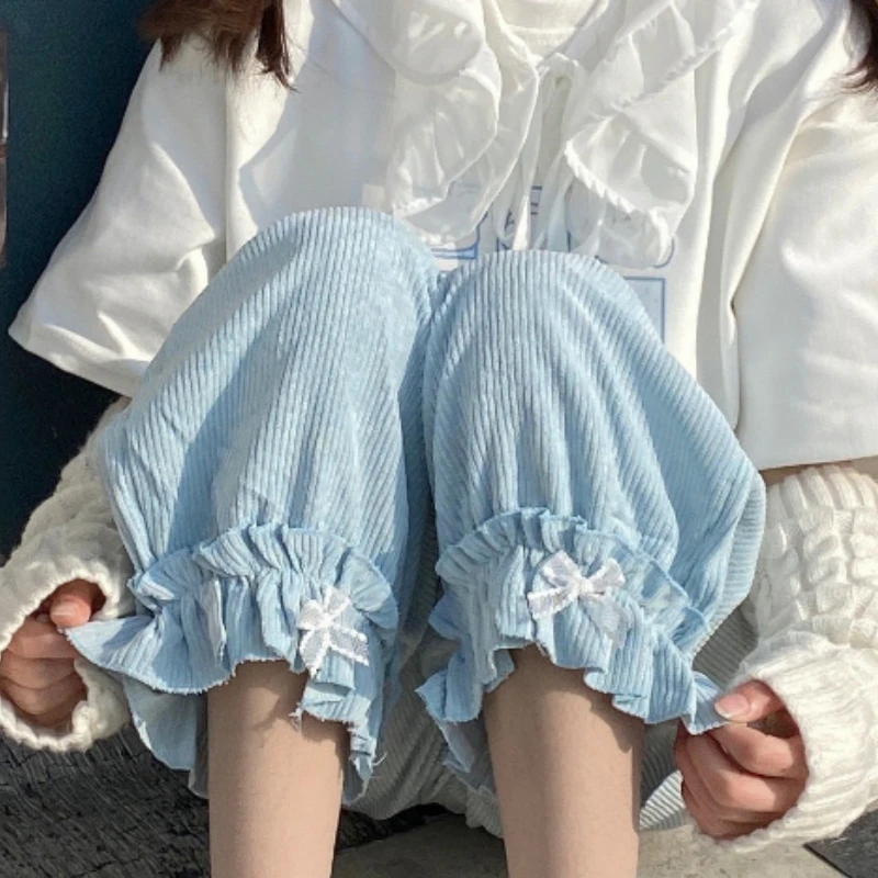 ญี่ปุ่น Lolita สตรี Kawaii เอวสูง Corduroy กางเกงหวาน Bow Ruffles ขากว้าง Sweatpants Girly เสื้อผ้าหลวมกางเกงน่ารัก