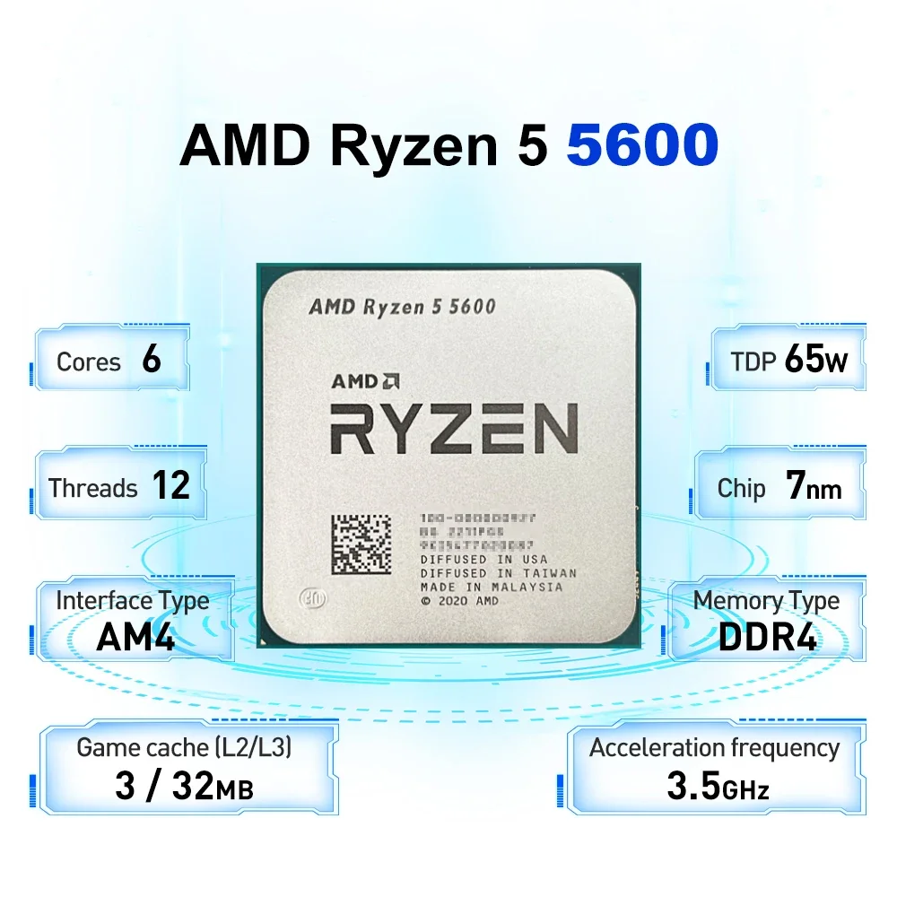 Processador CPU AMD Ryzen 5, R5 5600, 3,5 GHz, 6 núcleos, 12 thread, 7NM, L3 = 32M, 100-000000927, Soquete AM4, Sem ventilador, Novo