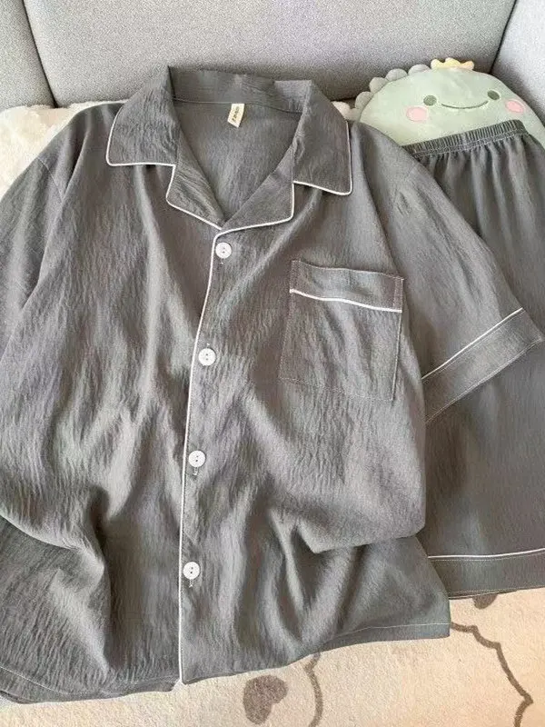 Pijamas de Aodão Leve com Manga Curta para Homens, Roupas de Verão para Casa, Tecido Fino, Calças Curtas Pretas, Estilo Sim...