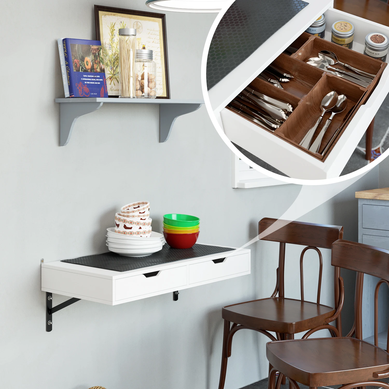 Mesa de parede Getone, mesa de parede com 2 gavetas e 2 suportes, mesa de computador Mesa suspensa de 80 cm, estação de trabalho de escritório de madeira