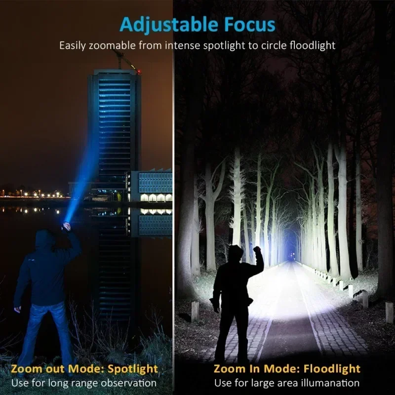 Lanternas led de alta potência com zoom, tocha de acampamento com contas de lâmpada led t6, à prova d'água, 4 modos de iluminação, carregador usb multifuncional