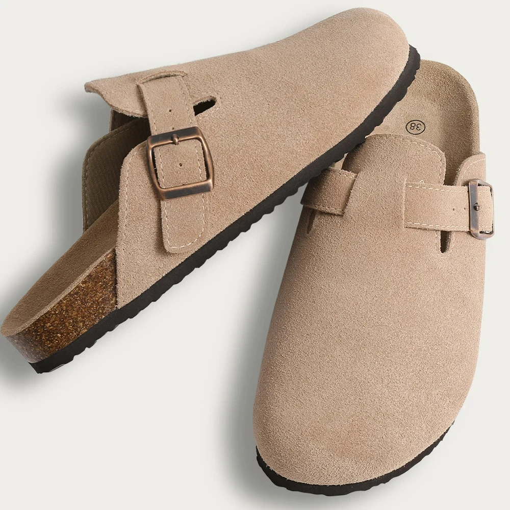 Sandali a mezza resistenza Zoccoli per donna Moda Ciabatte in pelle scamosciata di sughero Pantofola classica in sughero antiscivolo per pantofole da esterno con arco