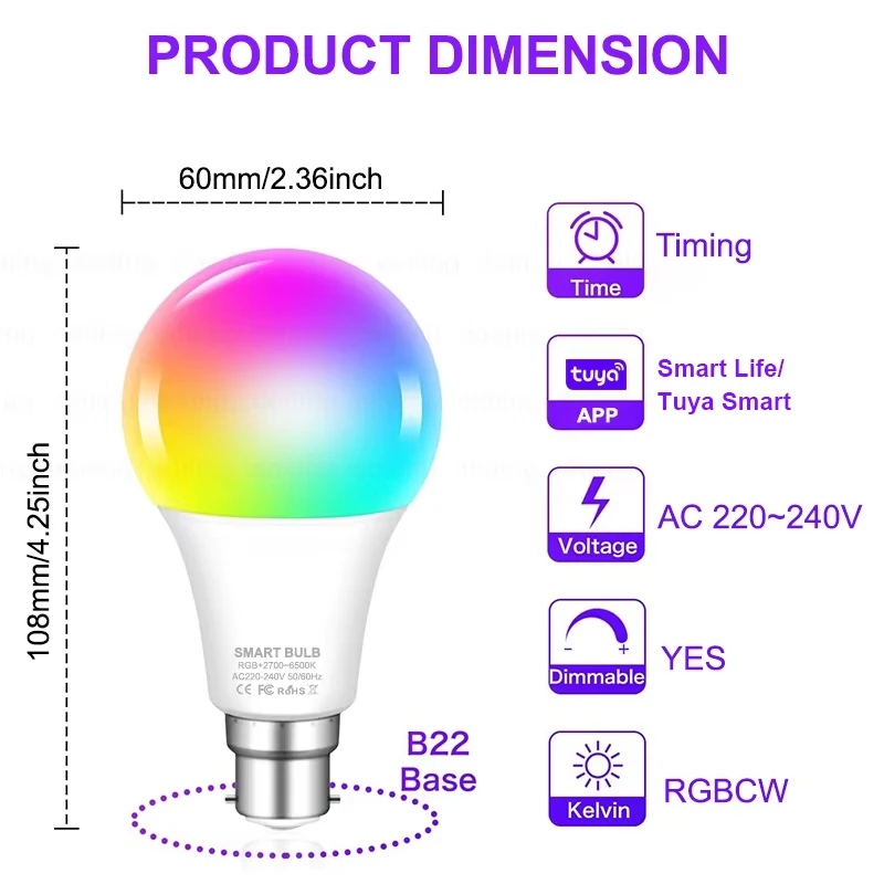 Luce che cambia colore B22 Tuya Bluetooth APP Controllo 220V Lampadine LED Dimmerabile RGB Bianco RGBCCT 16 milioni di vita intelligente