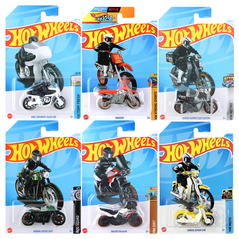 Hot Wheels motocicleta 1966 Triumph Tiger 100 Honda C8750 Cafe Honda Super Cub personalizado Ducati DesertX BMW R 1/64 coche de juguete C4982