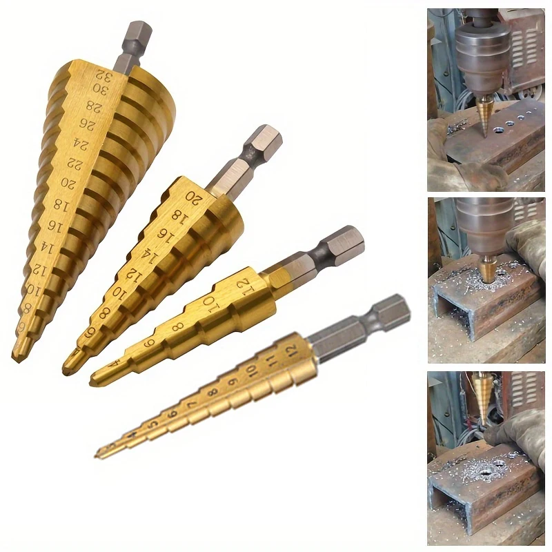 3pcs Step Drill Set Metal Woodworking Reamer Step Drill Bit Titanium Coated Wood Metal Hole Cutter Core Cone Drilling Tools Set