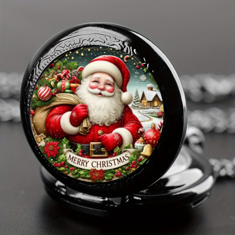 Requintado mini szie preto redondo papai noel design relógio de bolso de quartzo, caixa de liga e pulseira, presente de natal perfeito para crianças e homens