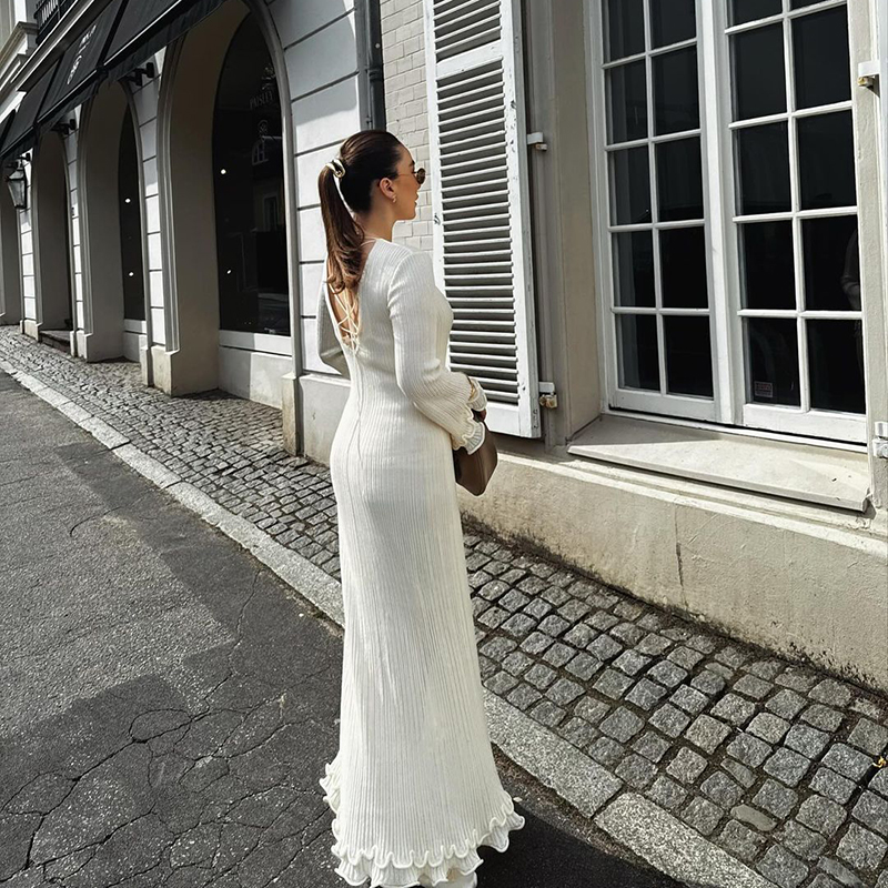 Rüschen Gefaltete Lose Lange Kleid Frauen Herbst Winter Mode Weiß O Neck Flare Elegante Party Kleider Weibliche Streetwear Outfits