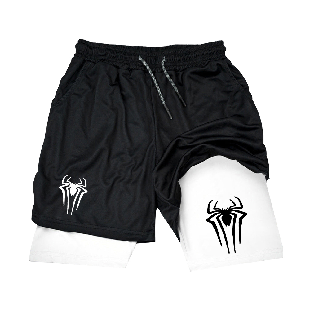 Y2K Performance กางเกงขาสั้นผู้ชาย Spider พิมพ์ GYM Casual กีฬากางเกงขาสั้นการบีบอัดออกกําลังกายวิ่งตาข่าย 2 In 1 กีฬาสั้นกางเกง