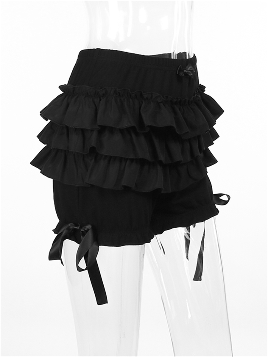 Wsevypo-pantalones cortos bombachos negros góticos para mujer, pantalones cortos en capas con volantes y cintura elástica, ropa de calle Harajuku, pantalones de cintura alta