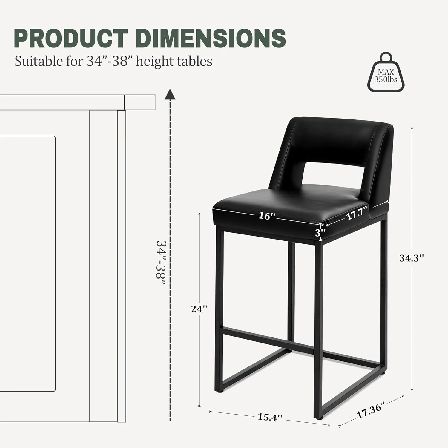 Black Upholstered Counter-Height Bar Stools, Set of 4 – Modern Kitchen Island Chairs with Backs