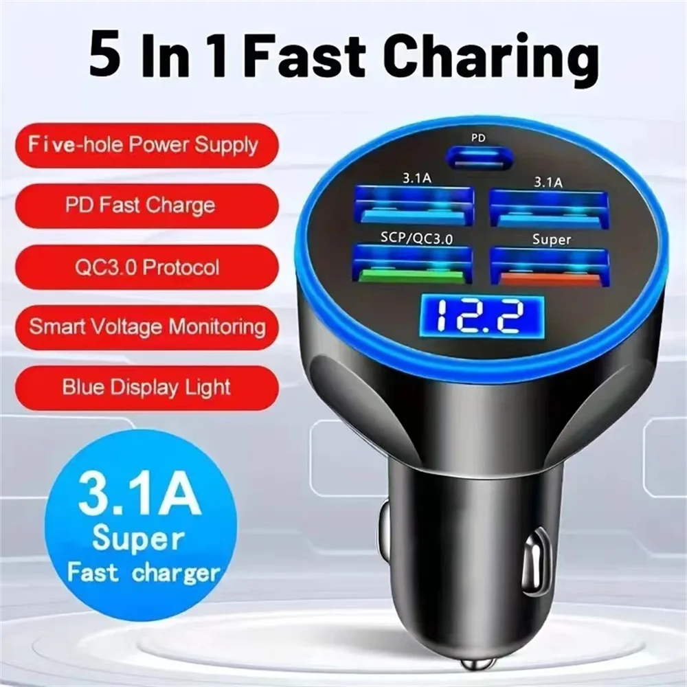 차량용 고속 충전 PD QC3.0 USB C 자동 전화 충전기 어댑터, 아이폰, 삼성, 화웨이, 샤오미, 250W, 5 포트