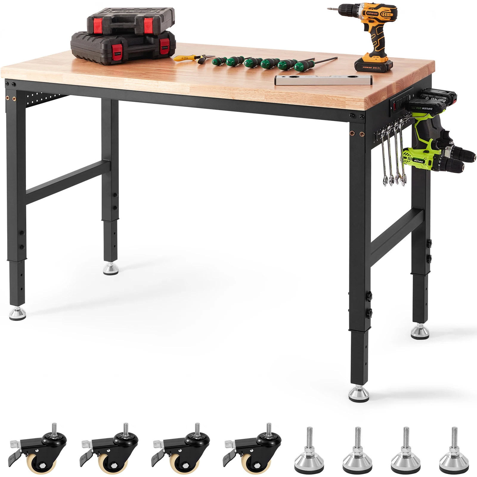 SucceBuy 2000 lbs 48" x 24" verstellbare Werkbank 28"-39,5" Höhe Garagen-Arbeitstisch mit Rädern Hartholzplatte für Werkstatt zu Hause