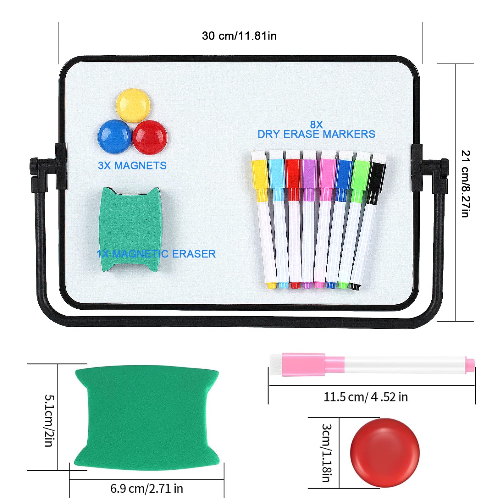 A4 Magnetic Whiteboard (30x21cm) - Double-Sided Dry Erase Board w/ Pens, Eraser & Magnets