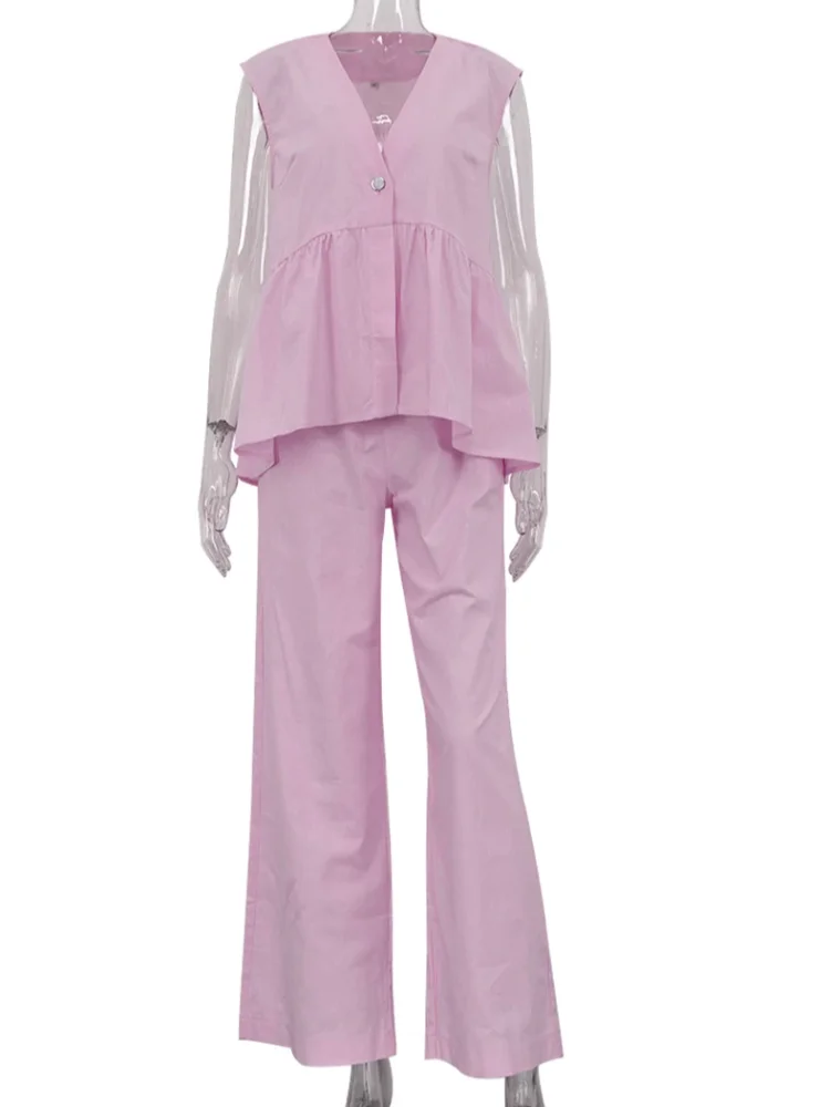 Solto rosa algodão linho 2 peça conjunto feminino verão chique outfit 2025 nova moda sem mangas regata com cintura alta calças largas conjunto