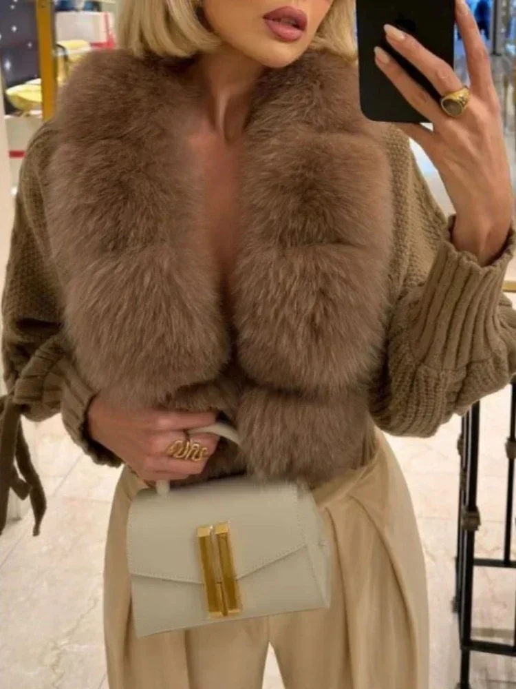 2024 Winter Neue Mode Stricken Strickjacke Knopfleiste Mantel Frauen Casual Echt Fox Pelzmantel Kurze Warme Gestrickte Jacke mit Natürlichen Pelz