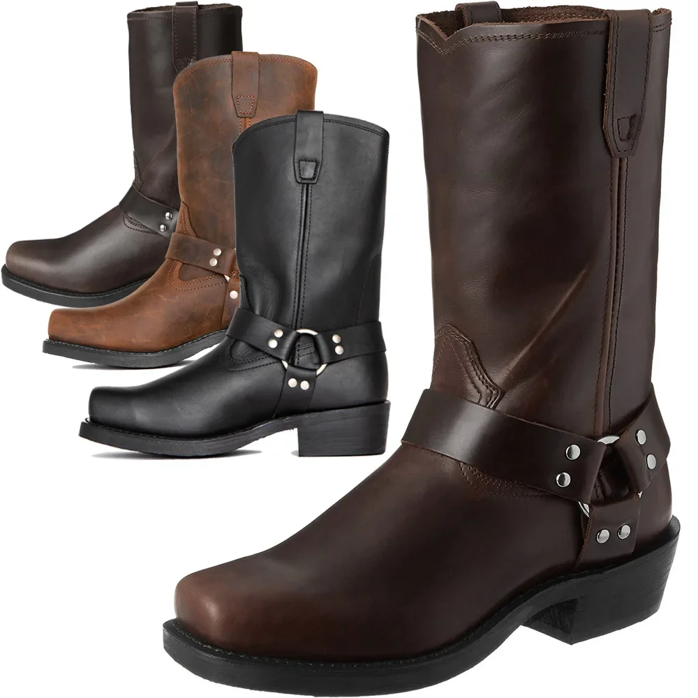 Retro Cowboy Stiefel Männer Mittlere Waden Western Stiefel Männer Pu Leder Stiefel Mann Slip Auf Schuhe Winter Ritter Stiefel Booties Plus größe 39-48