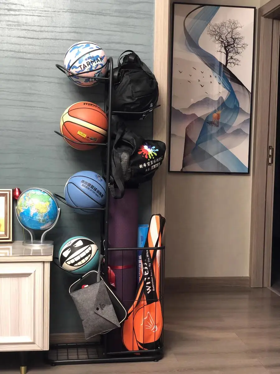 Rack de armazenamento simples para crianças, rack de bola para basquete, futebol, voleibol, badminton, casa interior