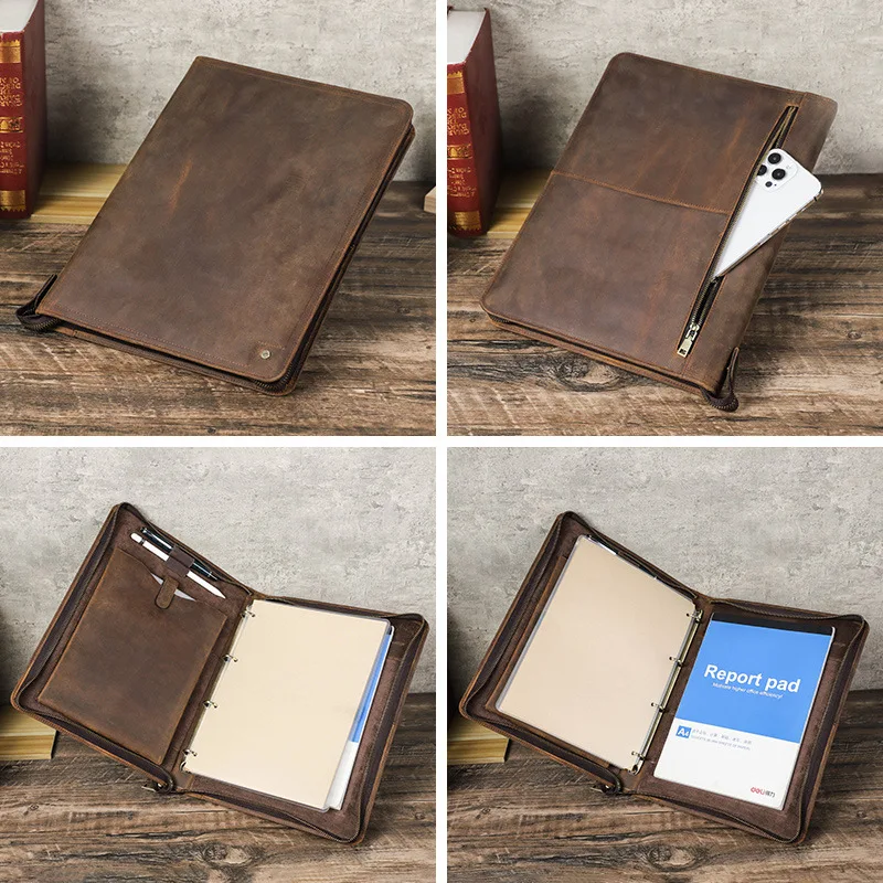 "A4 Notebook Crazy Horse Genuine Leather Cover w/Pen Loop, Fits iPad 11'', Multi-Function 4-Ring Binder, 35x26x3cm 840g"