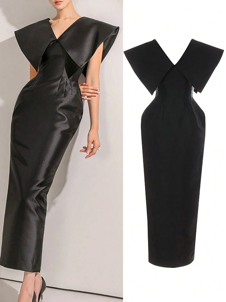 Neu in Kleidern, solide, elegante Maxi-lange Kleider, V-Ausschnitt, Flügelärmel, Damen-Sommerkleid, passende Partykleider, Damenbekleidung