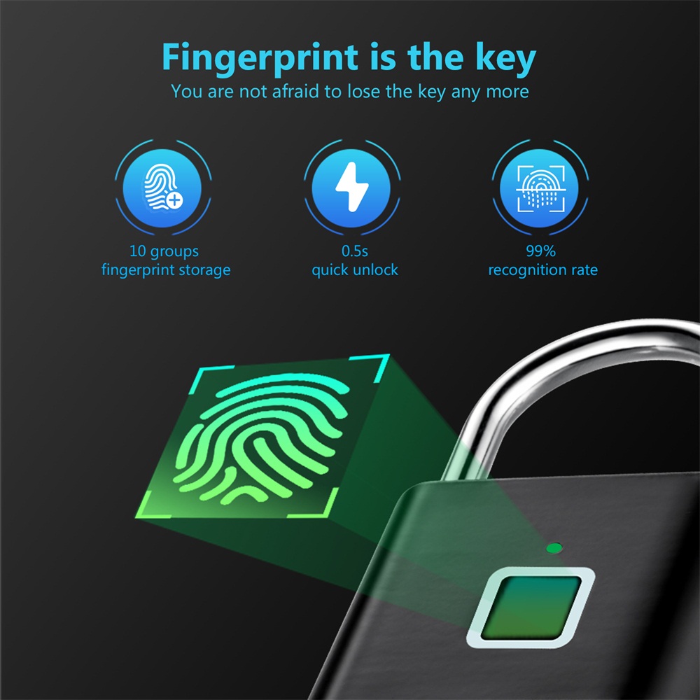 Keyless carregamento usb bloqueio de impressão digital cadeado inteligente à prova dwaterproof água fechadura da porta 0.2sec desbloquear portátil anti-roubo cadeado zinco